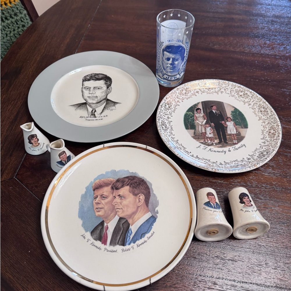 Lot Of JFK Kennedy Memorabilia - Plates, Glass, Salt & Pepper Shaker, Creamers